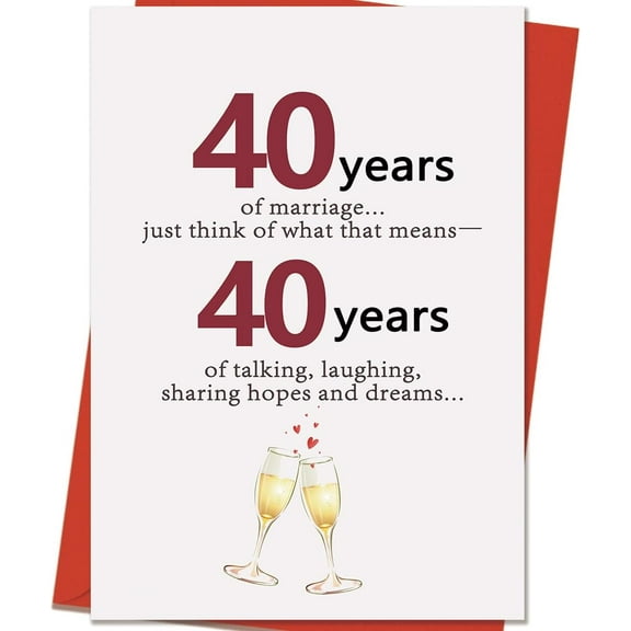 40th Wedding Anniversary Card – Celebrate 40 Years of Marriage with Cheers and Love – Beautiful Design with Champagne Glasses – Blank Inside, Envelope Included