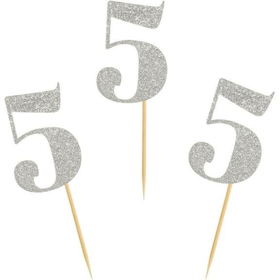 12pcs Number 5 Cupcake Toppers Glitter Silver Cake Picks for Birthday Wedding Anniversary Party Table Decorations