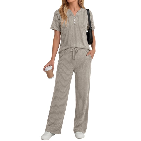 Fantaslook Two Piece Lounge Sets for Women Summer Outfits Henley V Neck Short Sleeve Tops Wide Leg Pants Matching Sets Trendy Clothes