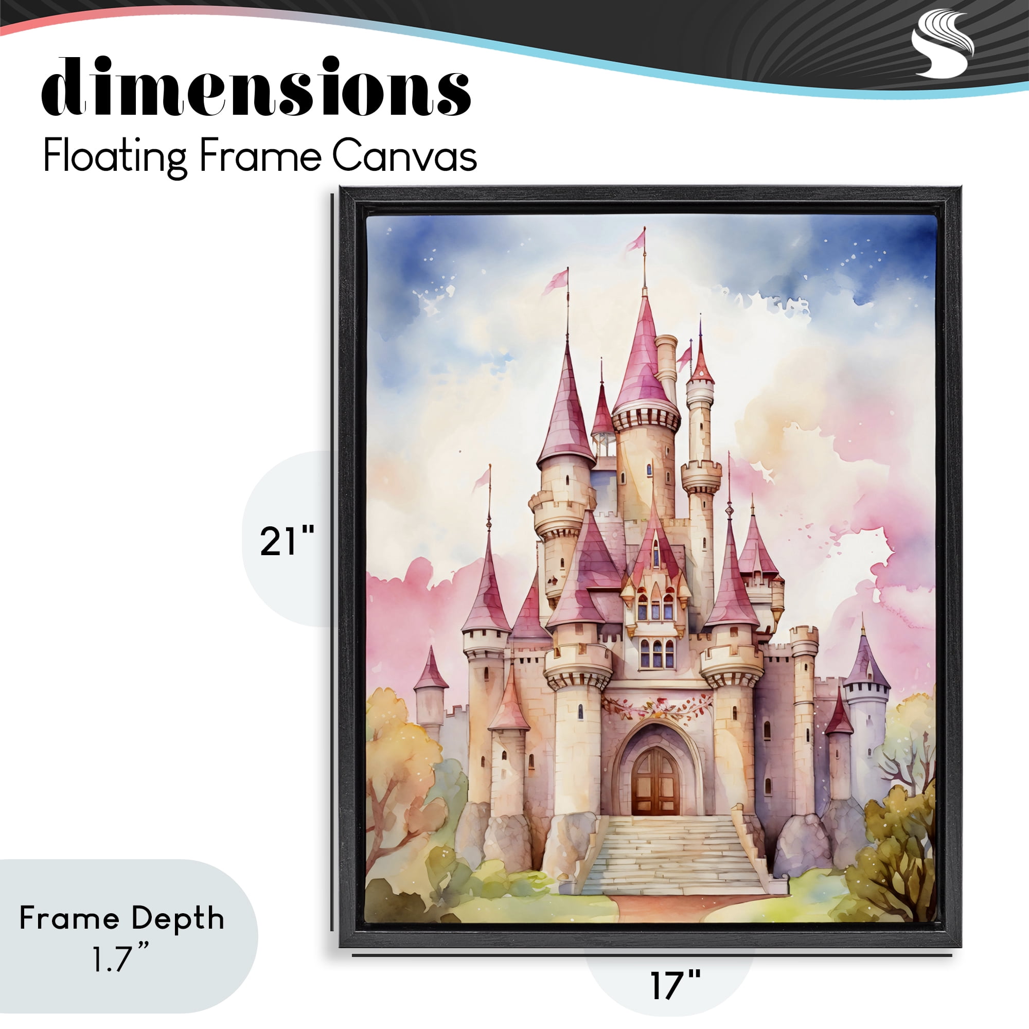 Stupell Industries Princess Castle Watercolor Portrait Black Framed Floater Canvas Wall Art, design by Creative Studio