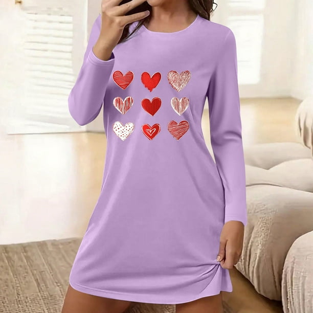 Camisón corto holgado y cómodo con cuello redondo y manga larga estampado para mujer