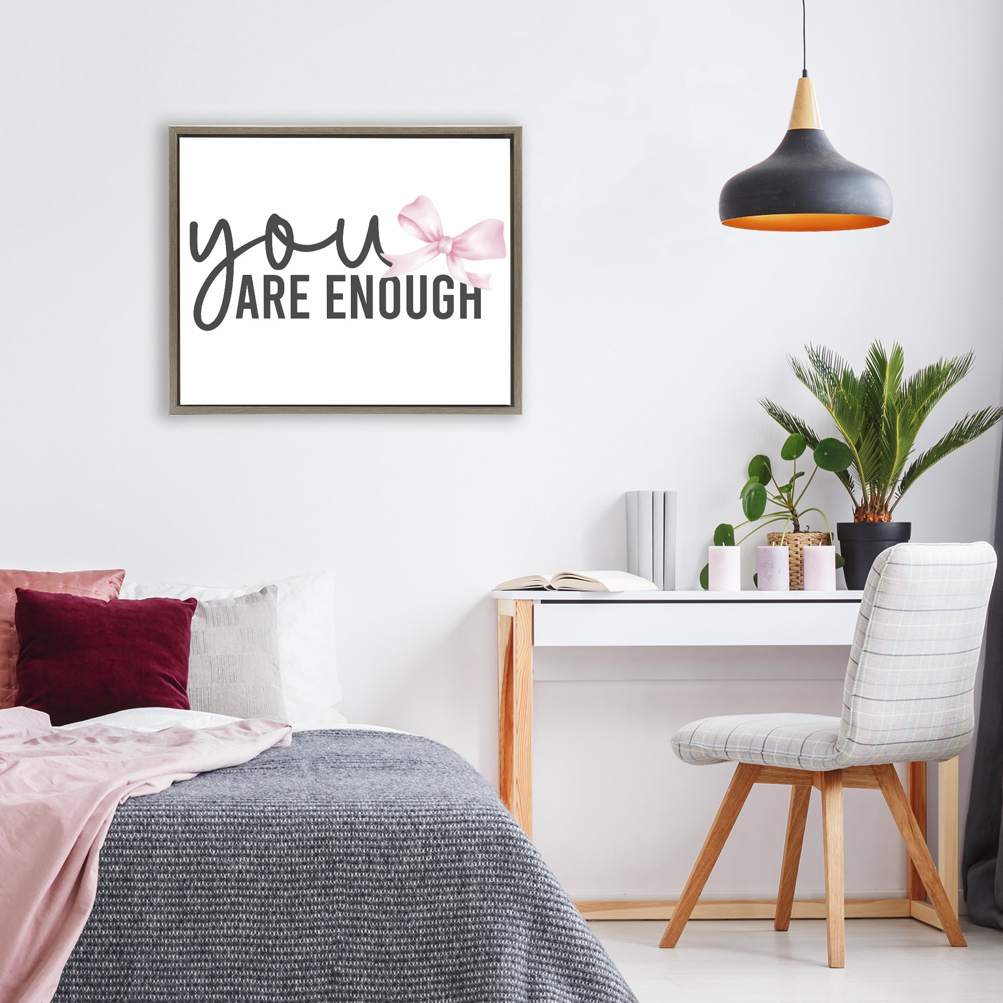 Stupell Industries You Are Enough with Ribbon Brown Framed Floater Canvas Wall Art, design by Kim Allen