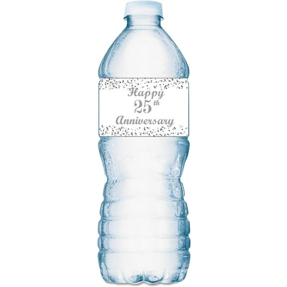25th Anniversary Water Bottle Labels; Set of 20 Waterproof Water Bottle Wrappers; Silver and White. Happy Anniversary Labels