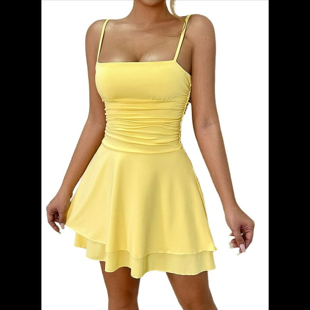 Vestido de Fiesta de Tirantes Finos en Color Liso para Verano, Amarillo , Talla S