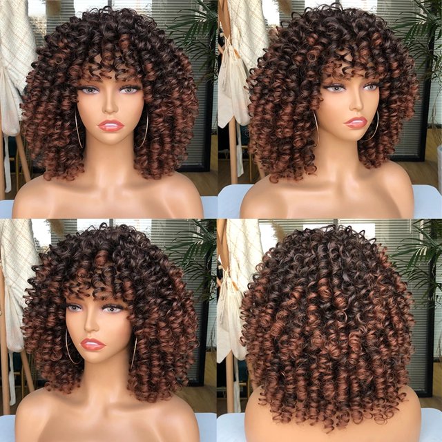 Pelucas afro cortas y rizadas para mujeres negras Peluca rizada con flequillo Pelucas afro naturales para fiesta de cosplay
