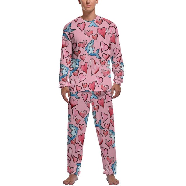 Pijama de tiburón abstracto de primavera de dos piezas con estampado animal colorido, conjunto de pijama cálido para hombre, ropa de dormir gráfica de manga larga para el hogar