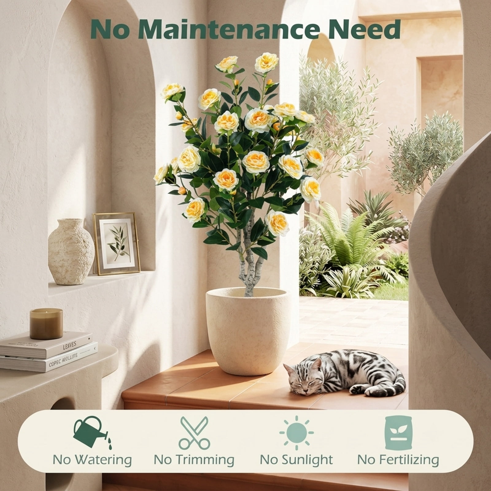 Vebreda Set of 2 39.5-Inch Artificial Camellia Trees with Yellow Flowers and Cement-Filled Pots for Indoor and Outdoor Decoration