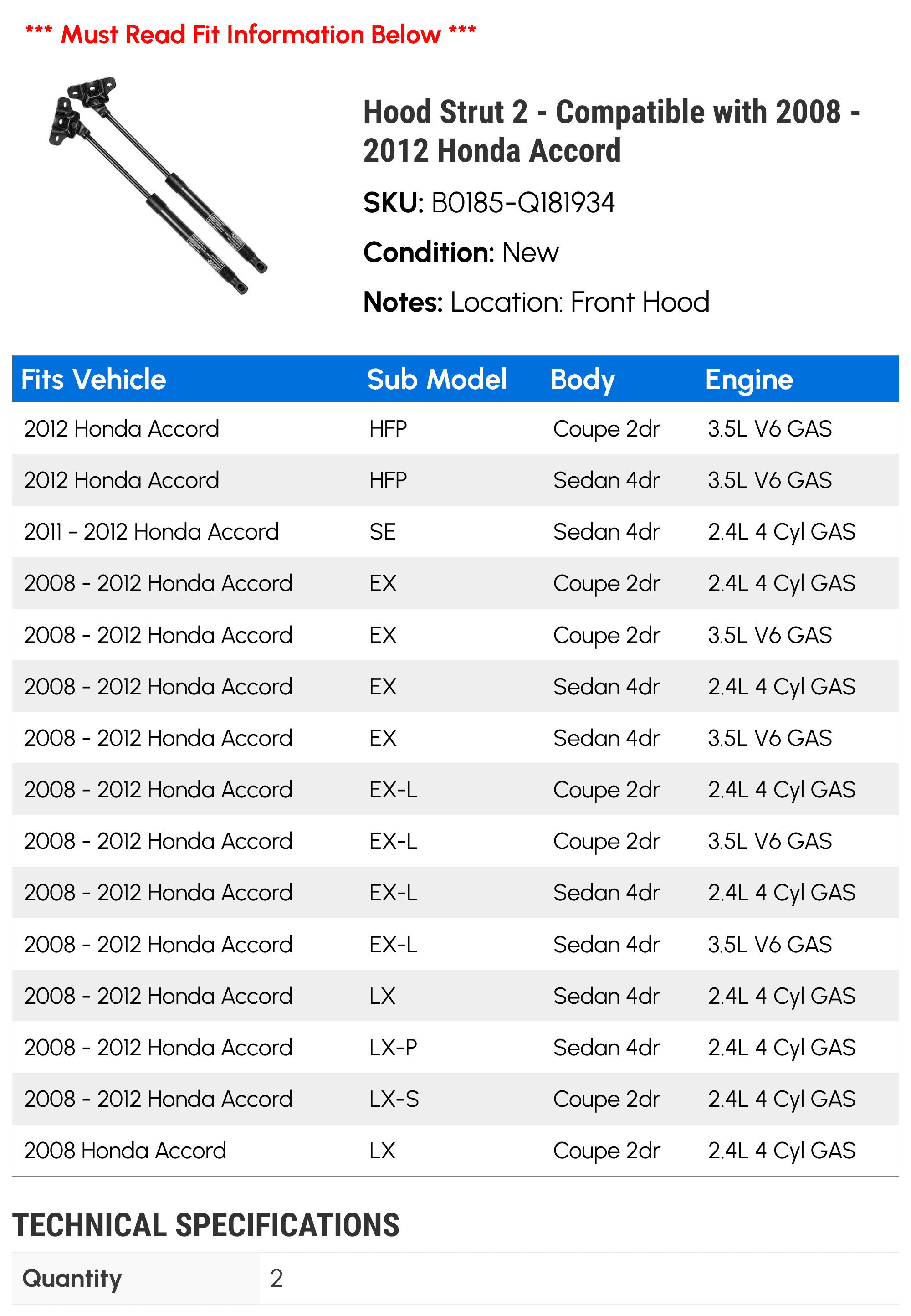 Hood Strut 2 - Compatible with 2008 - 2012 Honda Accord - Autopart Premium