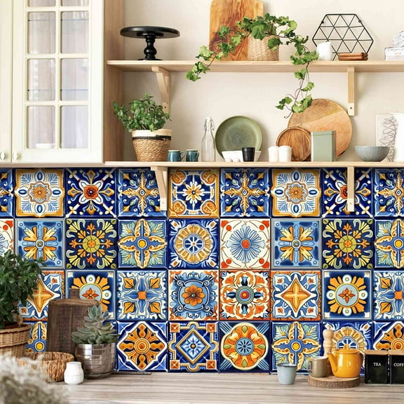 Mandala Style 24 Pcs (6x6 in) Decorative Tile Stickers, Peel and Stick Self Adhesive Removable Moroccan Talavera Tiles Backsplash Waterproof Kitchen Bathroom Furniture Staircase Home Decor