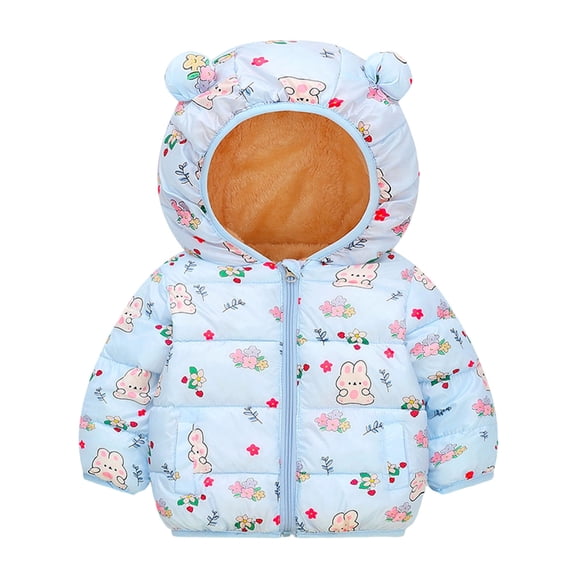 Fesfesfes Kids Toddler Unisex Hooded Puffer Jacket with Bear Ears Full Zip All-Over Printed Winter Coat for Boys Girls Ages 1-8 Years