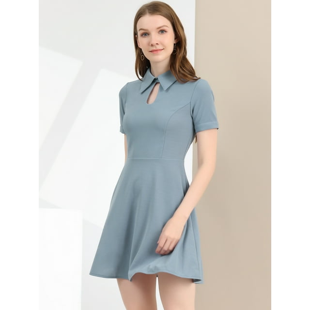 Unique Bargains Robe de Travail pour Femmes Bureau Ajustée et Évasée Mini à Col Rabattu avec Trou de Serrure