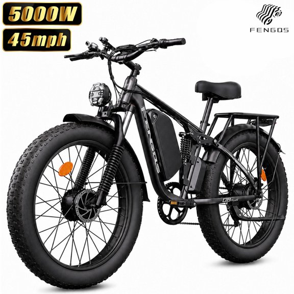 FENGQS Q8Plus Electric Bike 5000W Dual Motor for Adults, 45mph Top Speed, 80-100 Miles Range, 52V/23Ah Battery, 26"x4" Fat Tire, Full Suspension, UL 2849 (Black)