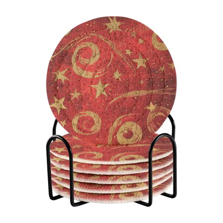 

6 Pcs Drink Coasters with Holder Absorbent Coasters Minimalist Home Decor Coaster Set Stylish Handmade Round Woven Coaster for Drinks Table Desk Protection Red and Gold Star Swirls