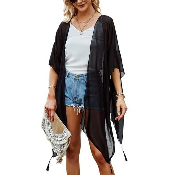 SWSMCLT Women's Lightweight Holiday Open Front Mesh See Through Bathing Suit Cover Up Summer Chiffon Sheer Soft Fringe Kimono Beach Cardigan Black One Size