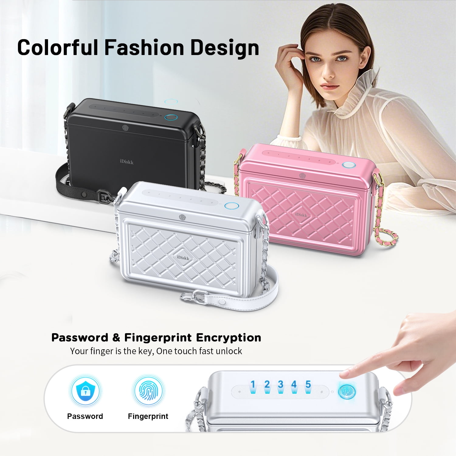 iDiskk MFi Certified 2-in-1 Security Lockable Crossbody Bag with Fingerprints Lock for Women, Shoulder Bag Anti-Theft with Fingerprint & Password Unlocking Built-in 8000mAh 1-Pack Silver