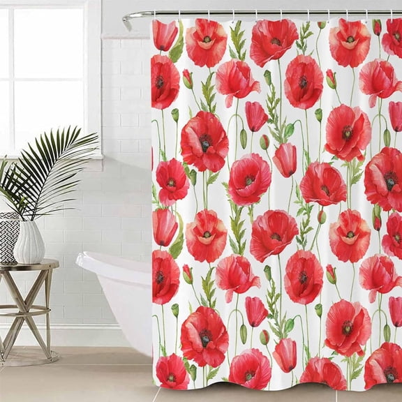 Spring Poppy Flowers Shower Curtain for Bathroom, Red Colorful Wildflower Flowered Floral Plant Shower Curtain Set, 3D Printing Waterproof Polyester Bath Decor 36x72IN with 12 Hooks