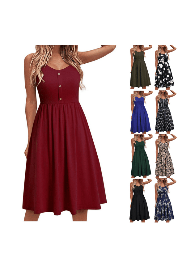 Womens Dresses Summer Red Floral Dress Button Summer Seaside Sling Sleeveless V-Neck Solid Color Casual Dress Sun Dresses for Juniors