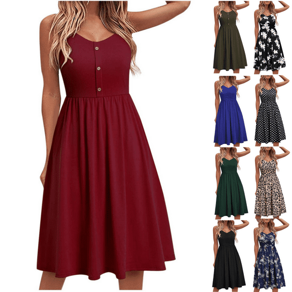 POTETI Womens Dresses Summer Red Floral Dress Button Summer Seaside Sling Sleeveless V-Neck Solid Color Casual Dress Sun Dresses for Juniors