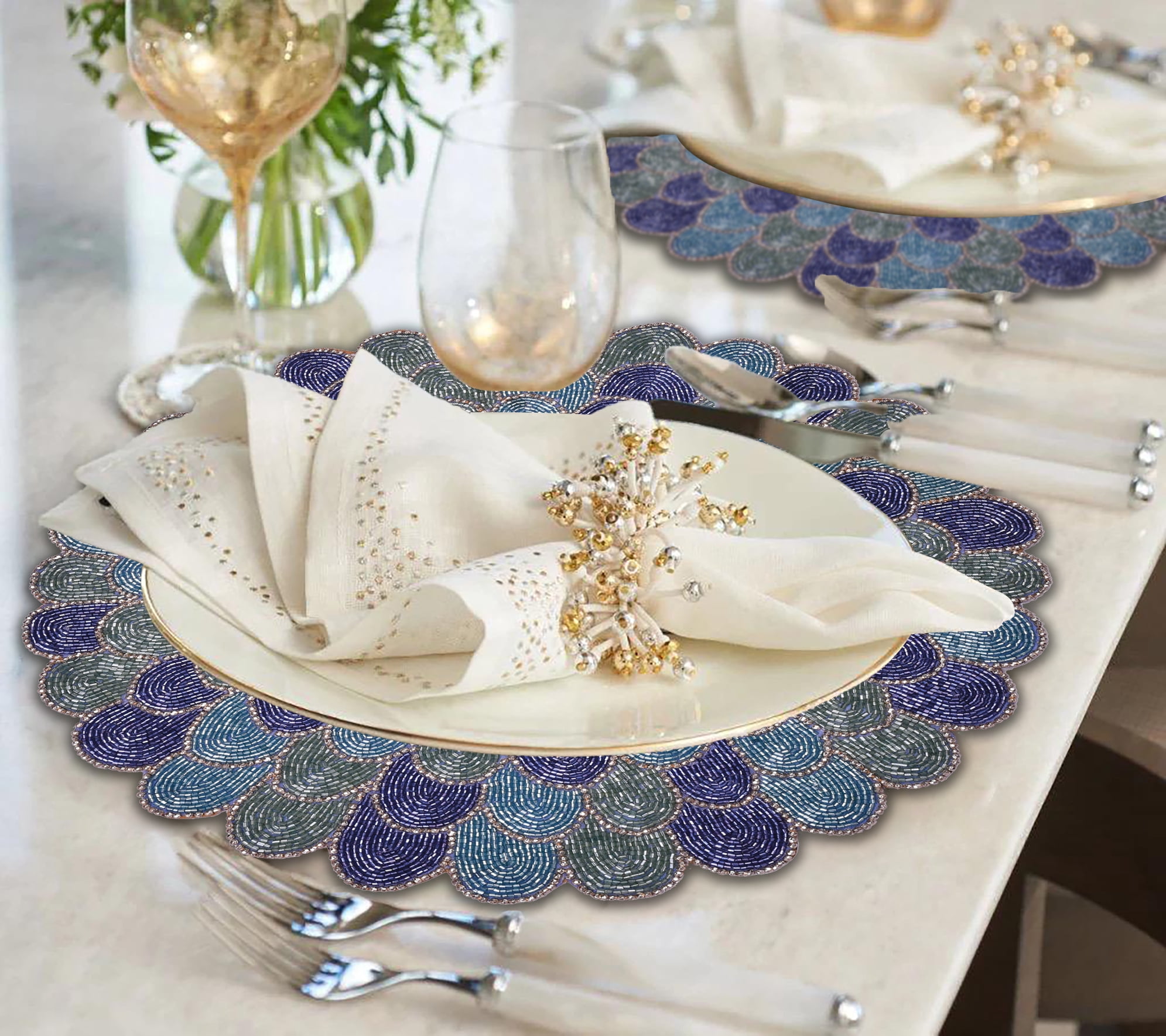 Blue Green Beaded Placemats Set of 4 for Dining Coffee Table Scratch Heat Stain Resistant Charger Kitchen Decor Durable Tablemats - Fall Autumn Thanksgiving Holiday - 15 Inches