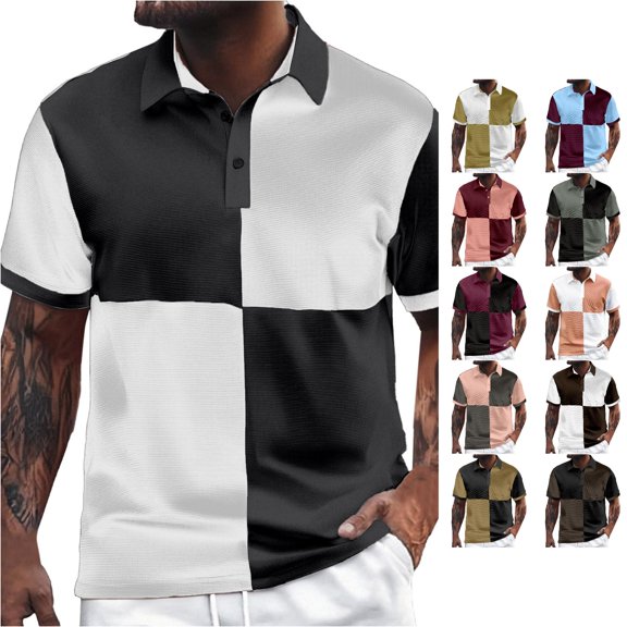 CAIVO Polo Shirts For Men Color Blocked Casual Loose Comfortable Trendy Patchwork Business Lapel Button Short Sleeve Shirt Classic Fit Golf Tops For Vacation , XXL