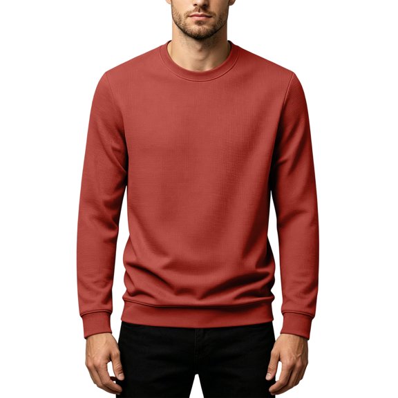 Mens Soft Textured Pullover Sweatshirts Waffle Knit Crew Neck Solid Color Long Sleeve Tops for Men Red XL