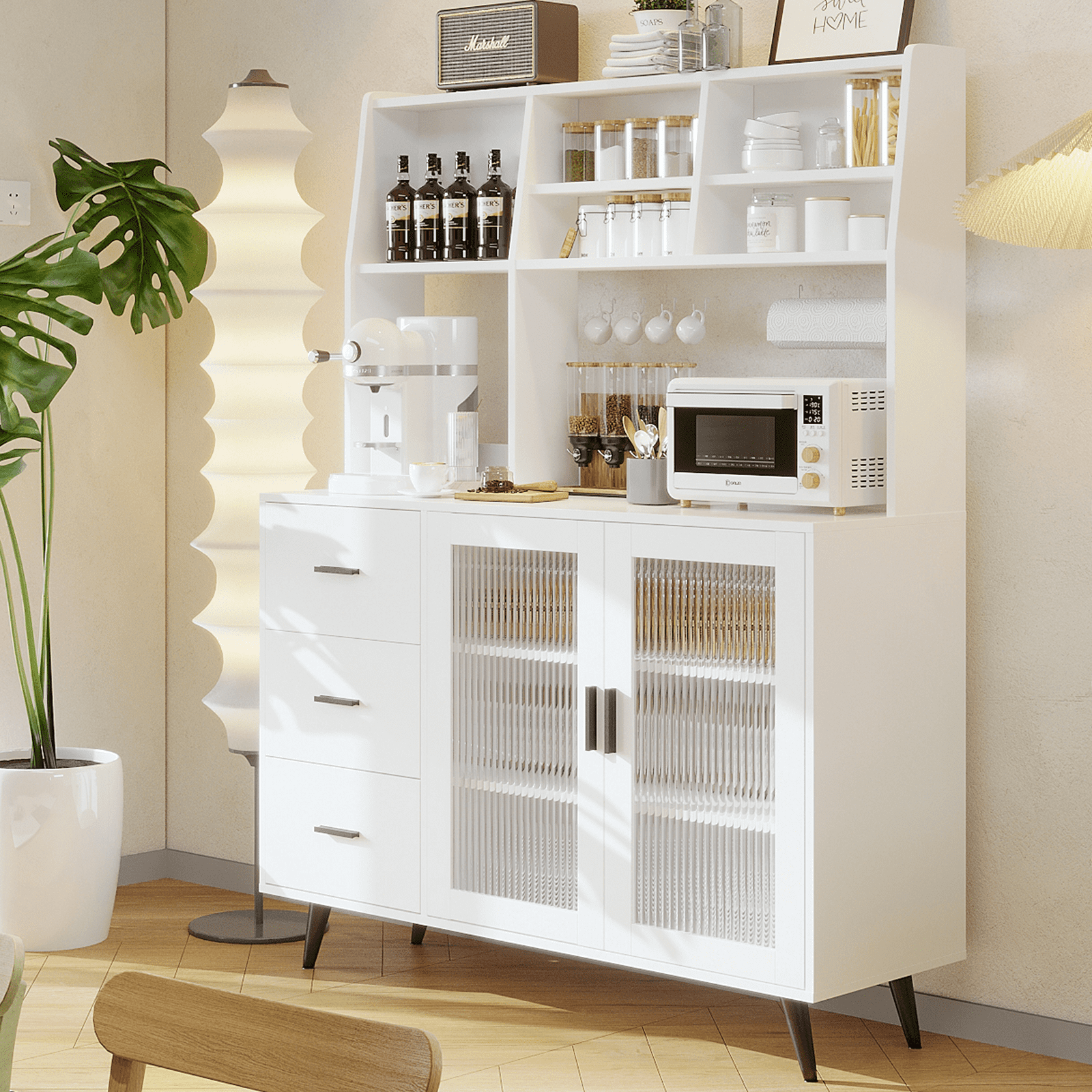 RichYa 59.6"H Kitchen Hutch Cabinet with Glass Door,Freestanding Pantry Storage Cabinets with Countertop & Adjustable Shelves for Dining Room,White