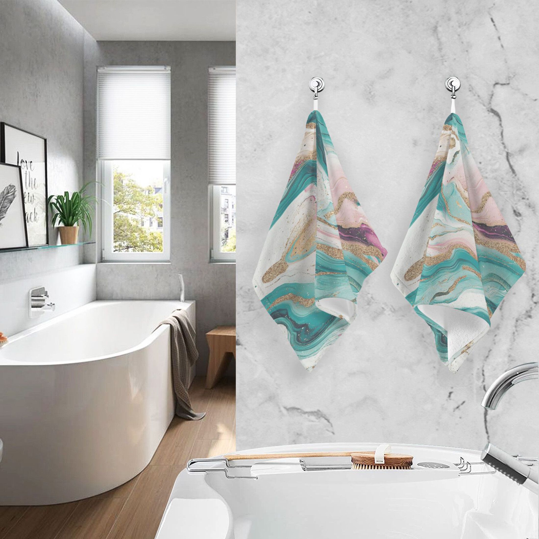 2 Pcs Absorbent Face Towel Bath Hand Towels Soft Breathable Cotton Towel Set for Bathroom Kitchen Hotel Spa Decor Teal Swirling Marble Pattern
