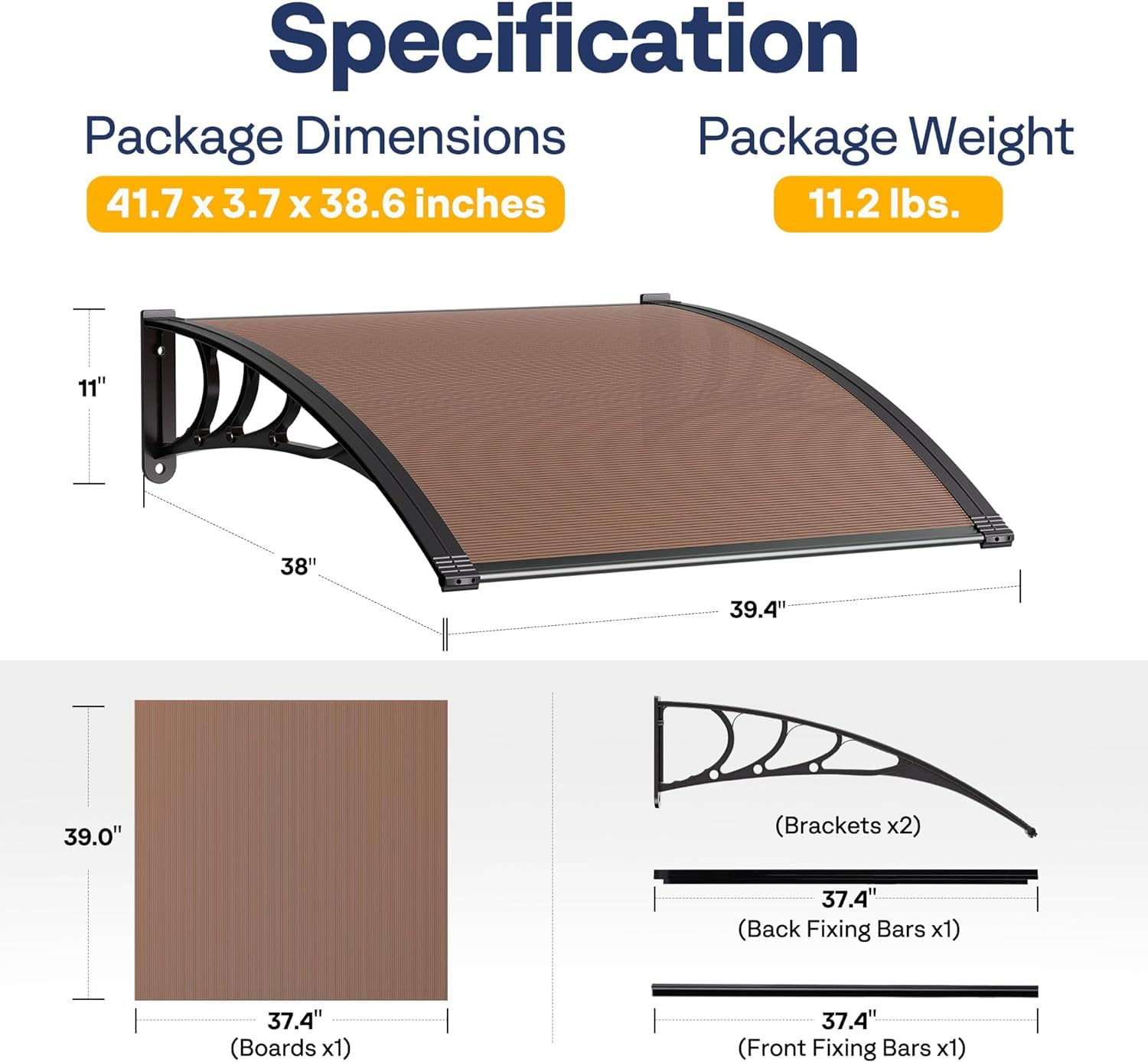 SPECSTAR Polycarbonate Window Door Awning Canopy Brown with Black Bracket 40 Inch x 40 Inch