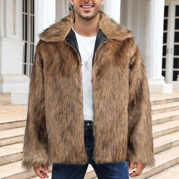 Babysbule Mens Winter Coats Mens Warm Faux Furry Long Coat Jacket Winter Solid V-neck Outerwear
