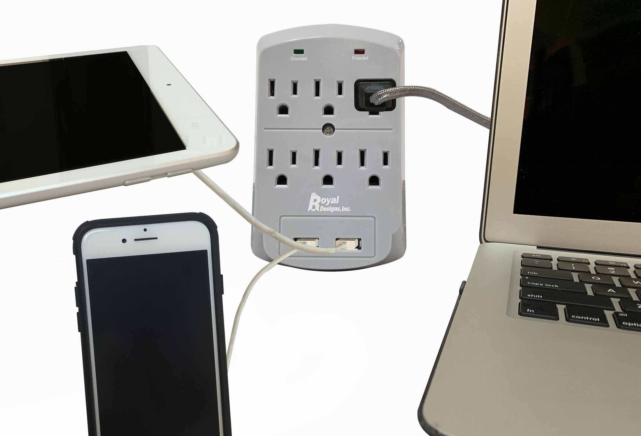 Royal Designs Gray USB Wall Mount and Surge Protector with 6 Outlets and Two USB Ports, Set of 2
