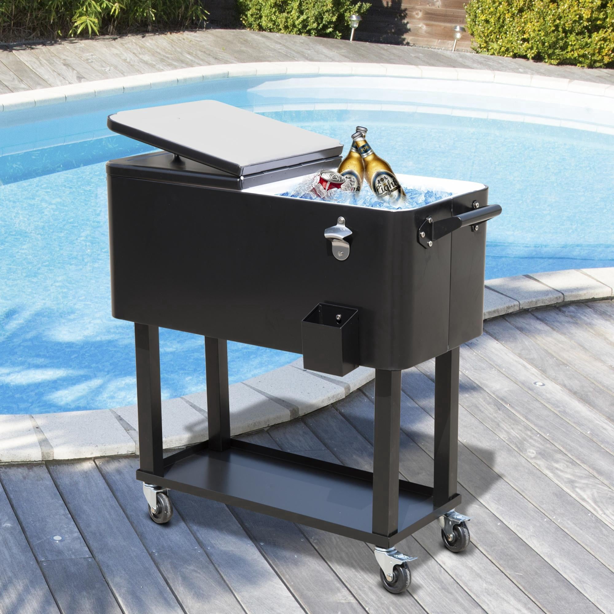 80 Quart Rolling Ice Chest Cooler Cart with Wheels Outdoor Party Drink Cooler Stand Up Black