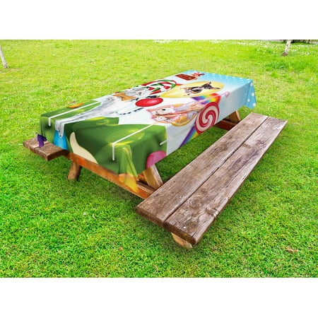 Fairy Picnic Kids Outdoor Tablecloth, Colorful Fantasy Land Rainbow Candy Trees Cat Dog Fairy Girl Boy Flying in Suitcase, Decorative Washable Fabric Picnic Table Cloth, 58 X 84 Inches,Multicolor, by Ambesonne ()