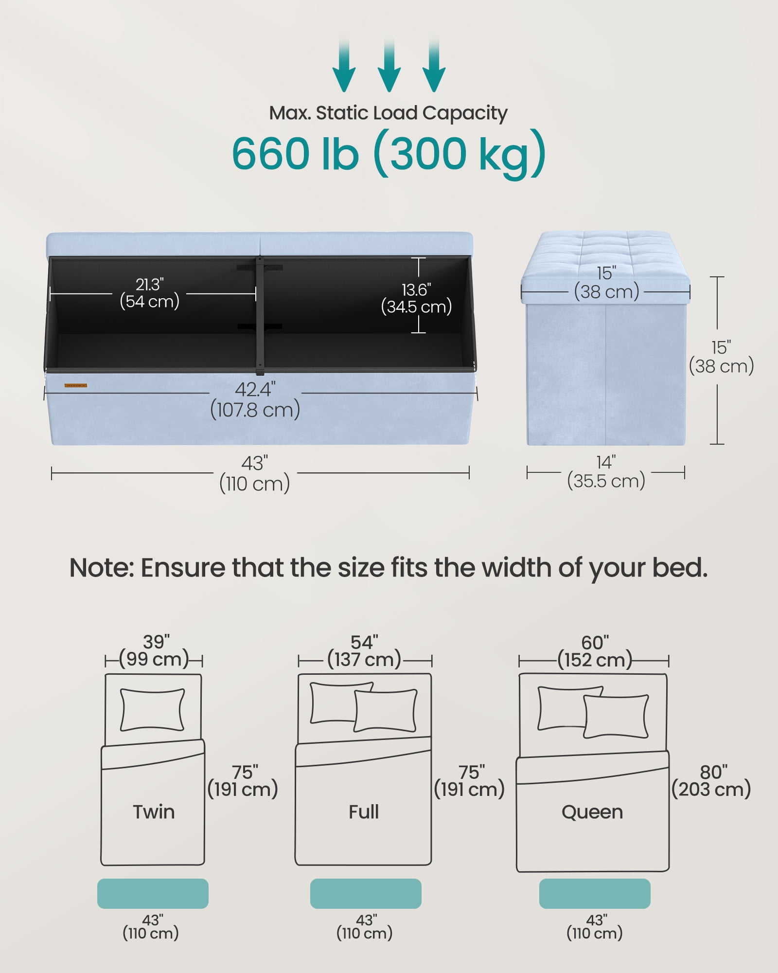 43 Inch Storage Ottoman, Foldable Velvet Bench with Flipping Lid & 660 lb Capacity, 35 Gal Storage for Living Room Bedroom, Pale Blue