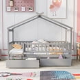 thumbnail image 2 of House Bed with 2 Drawers, Solid Wood Twin Size Platform Bed with Roof and Safety Guardrails, Low Montessori Bed, Playhouse Bed Tent Bed for Boys Girls Children Bedroom, No Box Spring Needed, Gray, 2 of 7