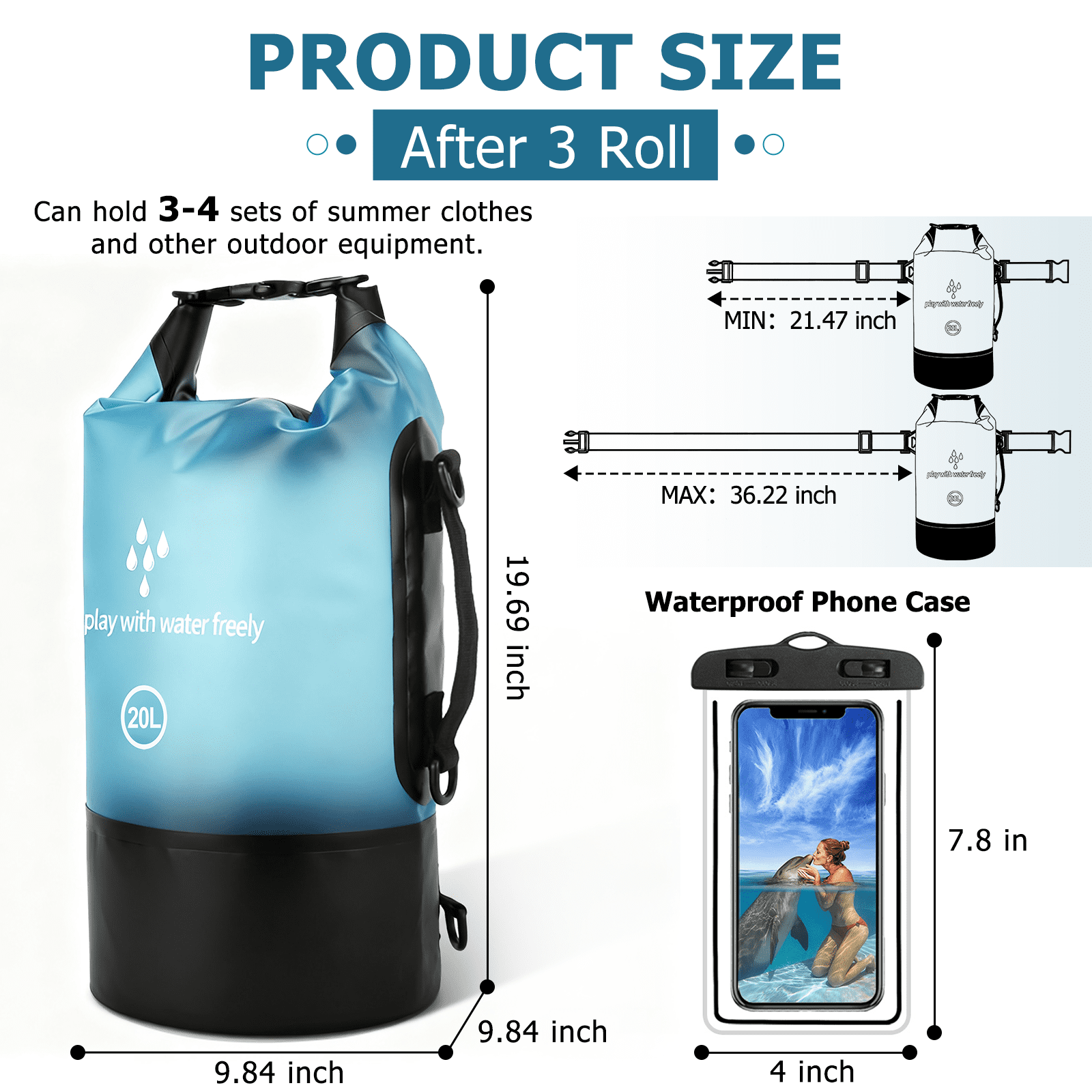 GPED Dry Bags Waterproof, 20L Roll Top Dry Bag for Kayak, Double Straps Dry Storage Bag Backpack Sack with Waterproof Fanny Pack for Swimming Boating Kayaking Board Beach Accessories