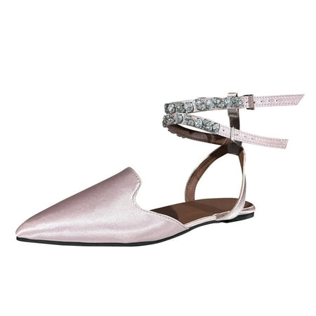 

Youmylove Women Fashion Solid Color Silk Pointed Rhinestone Ankle Strap Strap Flat Bottom Casual Sandals Summer Comfy Daily Simple Walking Footwears