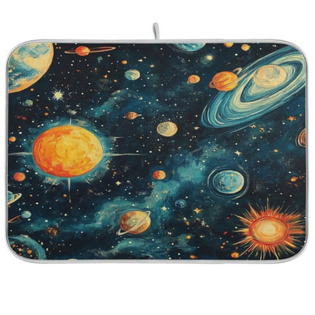

Cartoon Degas-style Cosmic Background Kitchen Drying Mat Heat Resistant Drainage with Non-Slip Rubber Backing Hides Stains Super Absorbent Easy to Clean 18×24in