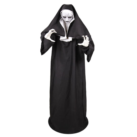 Haunted Hill Farm Red LED Battery-Powered Standing Jump Scare Nun Halloween Animatronic 5.4-ft.