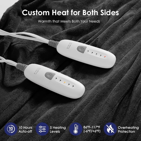 Electric Blanket Queen Size 84" x 90" with Dual Controllers, Soft Flannel, 10 Hour Auto Off, ETL Certified - Charcoal Grey