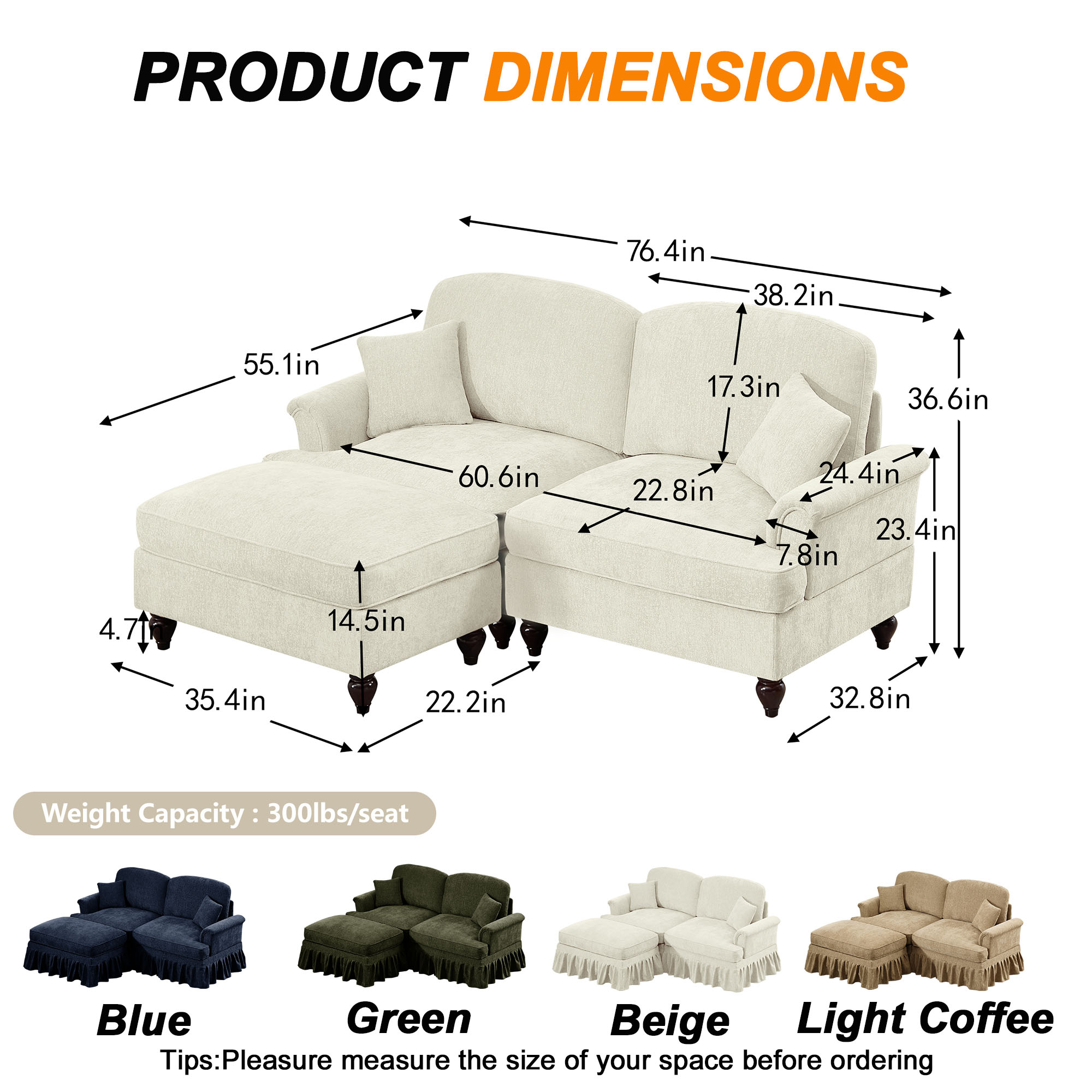 Firscook 76" Chenille Loveseat Sofa with Ottoman, L Shaped Couch for Living Room, Beige