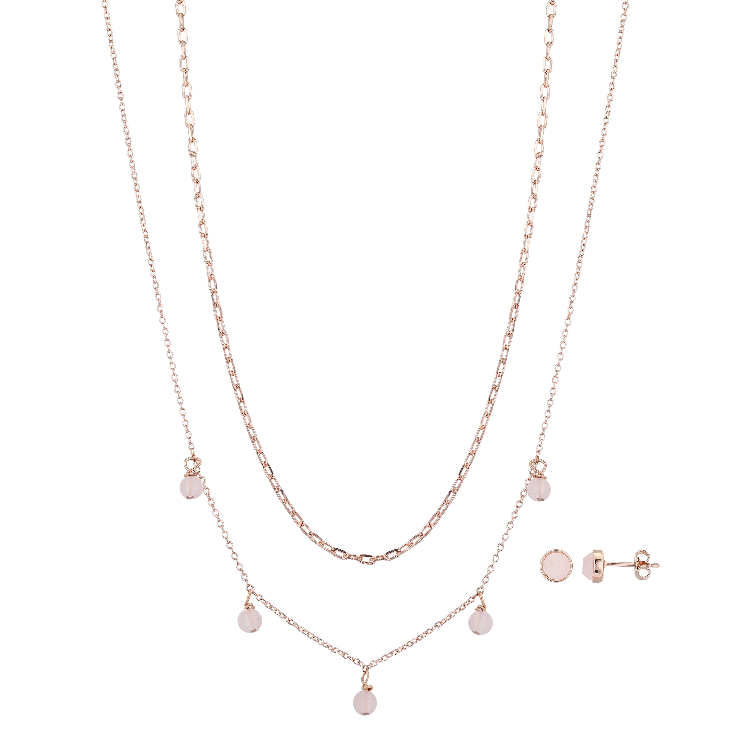 14Kt Gold Flash Plated Rose Quartz Layered Neck and Earring Set, 16+2' & 18+2'