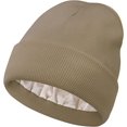 thumbnail image 1 of Gorro de punto con forro de satén para mujer, gorro de invierno para hombre, forro de seda, suave, holgado, cálido y con puños (caqui), 1 of 7