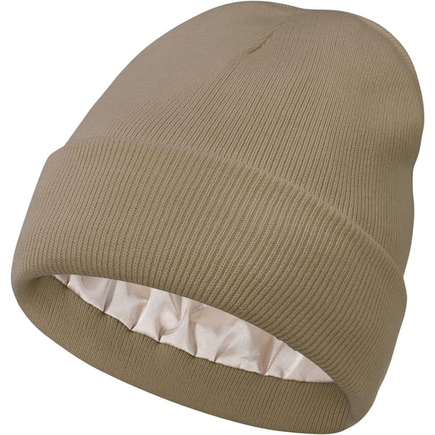 Gorro de punto con forro de satén para mujer, gorro de invierno para hombre, forro de seda, suave, holgado, cálido y con puños (caqui)