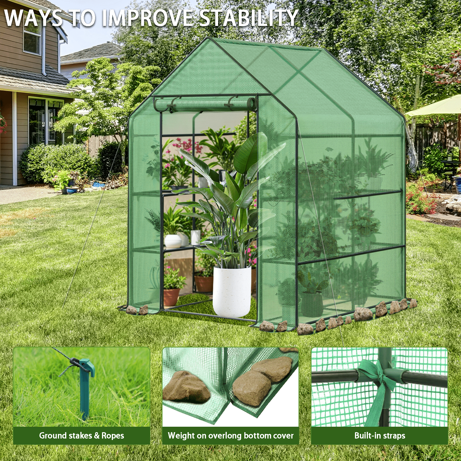 Grezone Small Greenhouse with Anchors and Ropes, 3 Tier 4 Wired Shelves Indoor and Outdoor Greenhouse for Garden/Patio/Backyard/Balcony, Green PE Cover Easy to Assemble