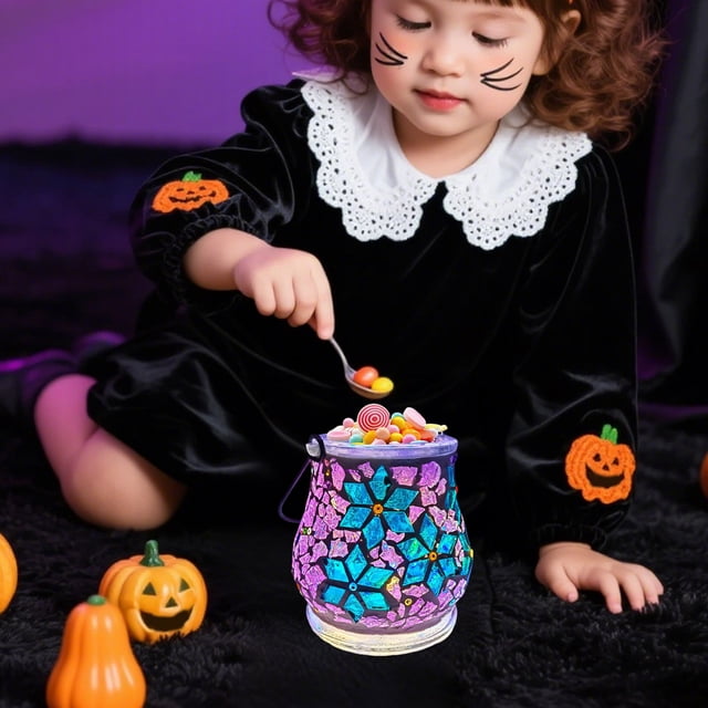 Tarro de Caramelos Iluminado para Halloween (Diy) | Rompecabezas Artesanal para Padres E Hijos, Regalo Brillante de Cristal (10 Piezas) | Incluye Kit de Materiales y Adhesivo de 30 Ml