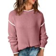 thumbnail image 2 of Women's Fashion Color Blocked Round Neck Long Sleeved Knitted Sweater Pullover Sweater Top for Fall Winter Stylish Casual Outfits,Pink,XL, 2 of 7
