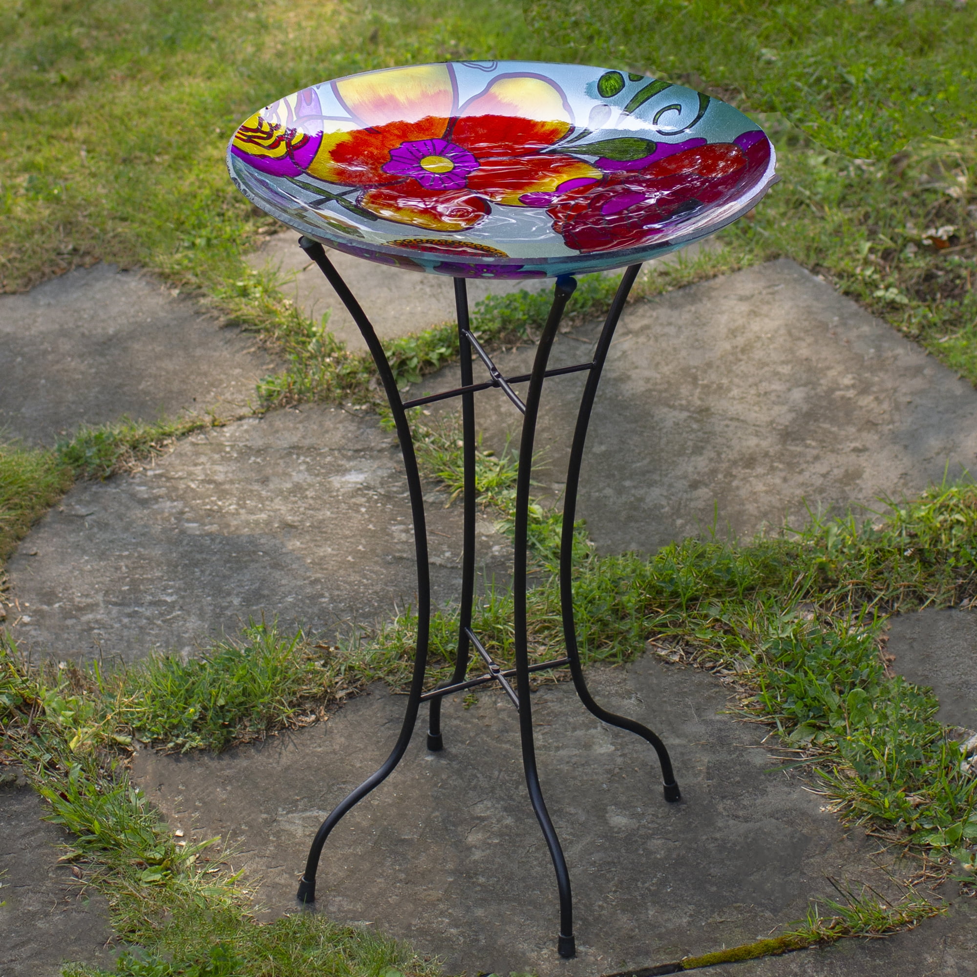 Northlight Portable Freestanding Glass Bird Bath Basin with Black Collapsible Metal Stand, Floral and Garden Style