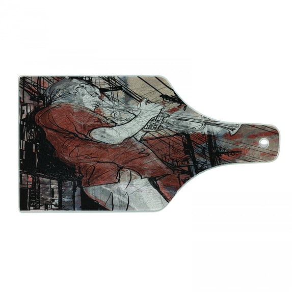 Music Cutting Board, Trumpet Musician on Grunge Cityscape Background in the Night Boho Art Print, Decorative Tempered Glass Cutting and Serving Board, Wine Bottle Shape, Red Black White, by Ambesonne