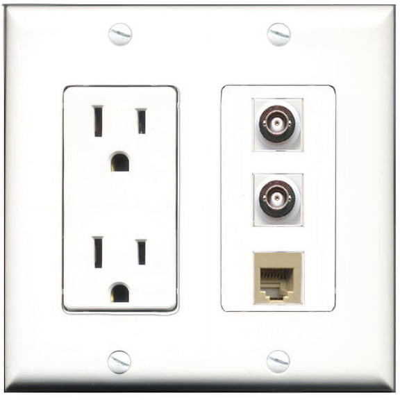 RiteAV - 15 Amp Power Outlet 1 Port Phone Beige 2 Port BNC Decorative Wall Plate