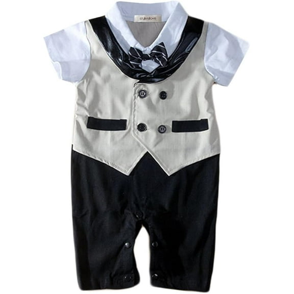 stylesilove Infant Toddler Baby Boy Glossy Lapel Double Breasted Tuxedo Onesie (90/12-18 Months, Khaki)